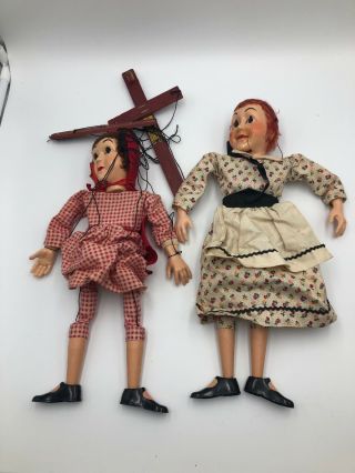 (2) Vintage Stringed Marionette Red Riding Hood & Girl 14 " Puppet By Hazelles