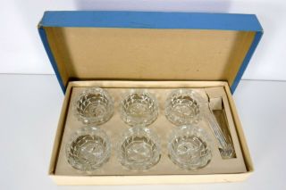 6 Cut Glass Salt Cellar Dips 5 Plastic Salt Spoons Vintage