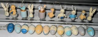 Vintage 22 Each Hand Painted Wooden Easter Ornaments Decorations Bunnies,  Eggs,