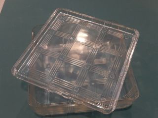 Vintage Large Square Refrigerator Ribbed Clear Glass Container With Lid