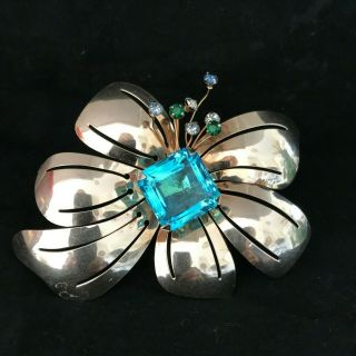 Vintage Huge Sterling Silver Brooch Pin Fancy Bow With Large Square Aquamarine