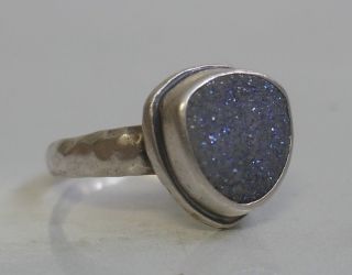 Vintage Bask Hand Hammered Sterling Silver Druzy Quartz Ring - Size 9