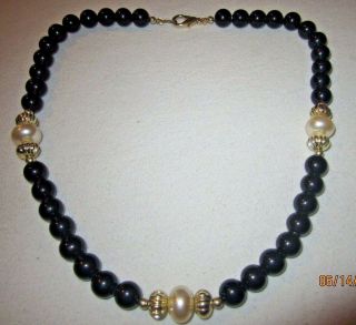 Vintage Faux Pearl Black Lucite Ornate Gold - Tone Luxury Beaded Estate Necklace