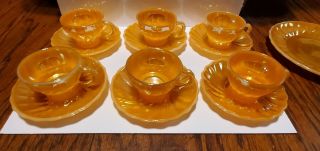 Vintage Anchor Hocking Peach Luster Swirl Cups & Fire King Saucers Lustre Plate