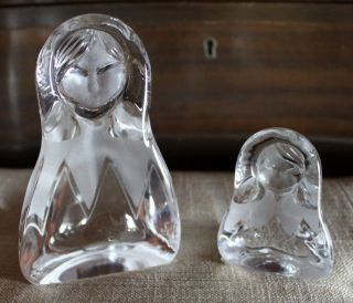 2 Vintage Mats Jonasson Art Glass Eskimo Lady,  Girl Signed Paperweight Swedish