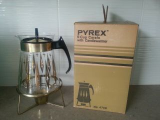 Vtg Pyrex 8 Cup Glass Coffee Carafe With Warmer Stand 4708 - Mcm