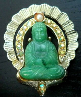 Stunning Vintage Estate Ab Rhinestone Jade Tone Buddha God 1 5/8 " Brooch 5397x