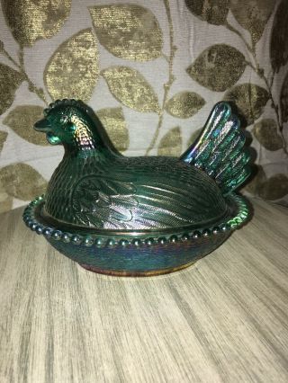 Vintage Indiana Glass Hen On Nest Carnival Glass Blue/green Iridescent