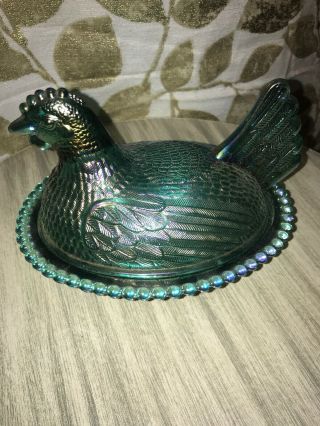 Vintage Indiana Glass Hen on Nest Carnival Glass Blue/Green Iridescent 2