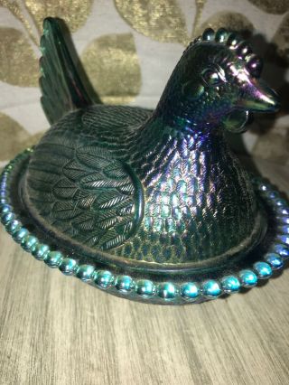 Vintage Indiana Glass Hen on Nest Carnival Glass Blue/Green Iridescent 3