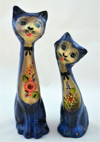 Vintage 2 Blue Cats Figurines Paper - Mache Mexican Folk Art