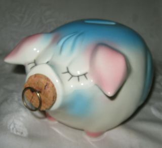 Vintage 1957 Hull Pottery Corky Pig Piggy Bank,  Cork W/ Ring In Nose,  Blue,  Pink