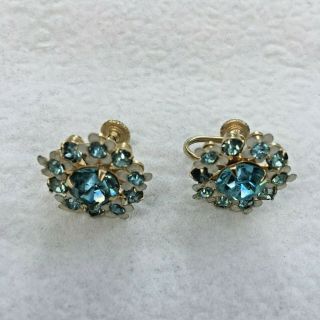 Vintage Screw Back Earrings Gold Tone Blue White Crystal Rhinestones Jewelry