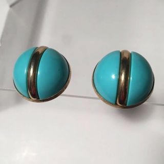 Vintage Signed Sarah Coventry Goldtone Turquoise Aqua Blue Dome Clip Earrings