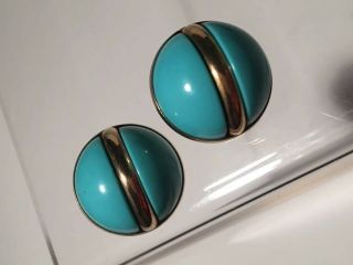 Vintage Signed Sarah Coventry Goldtone Turquoise Aqua Blue Dome Clip Earrings 2