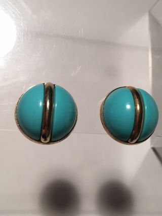 Vintage Signed Sarah Coventry Goldtone Turquoise Aqua Blue Dome Clip Earrings 3