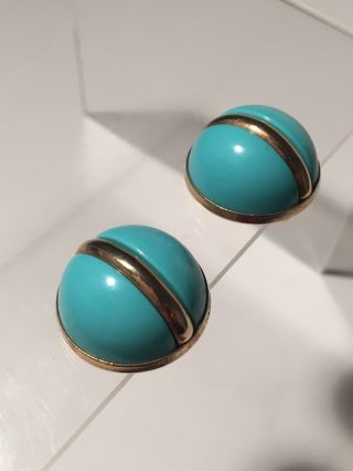 Vintage Signed Sarah Coventry Goldtone Turquoise Aqua Blue Dome Clip Earrings 4