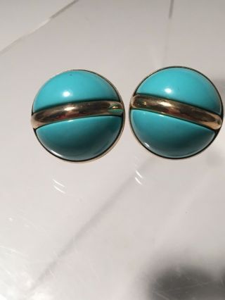 Vintage Signed Sarah Coventry Goldtone Turquoise Aqua Blue Dome Clip Earrings 5