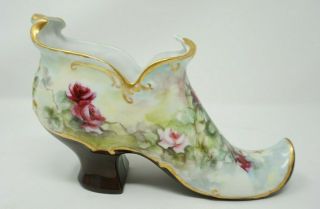 Floral Shoe Boot High Heel Porcelain Ceramic Gold Gilt Trim Vintage