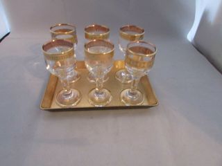 Vintage Set Of 6 Gold Rim Apertif And Cordial Glasses 4 Of One Design 2 Others