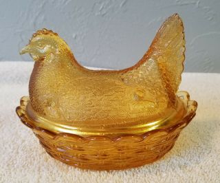 Vintage L.  G.  Wright Amber Glass Hen On Nest With Lattice Bottom