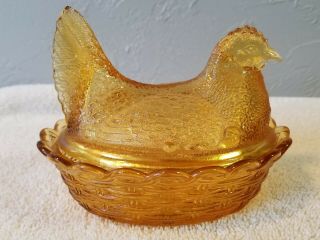 Vintage L.  G.  Wright Amber Glass Hen on Nest with Lattice Bottom 3
