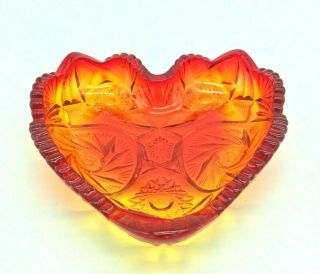 Heart Shaped Ruby Red Amberina Glass Candy Dish Spinning Star Fans Vtg 6