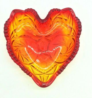HEART SHAPED RUBY RED AMBERINA GLASS CANDY DISH SPINNING STAR FANS VTG 6 2