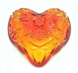 HEART SHAPED RUBY RED AMBERINA GLASS CANDY DISH SPINNING STAR FANS VTG 6 3