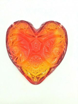 HEART SHAPED RUBY RED AMBERINA GLASS CANDY DISH SPINNING STAR FANS VTG 6 4