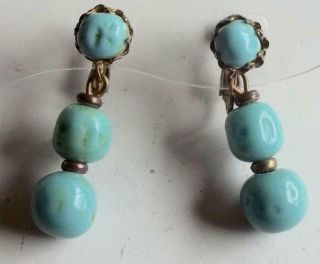 Miriam Haskell Vintage Earrings Turquoise Art Glass Russian Gold Filigree Prongs