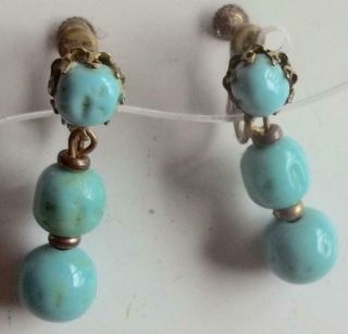 MIRIAM HASKELL Vintage Earrings Turquoise Art Glass Russian Gold Filigree Prongs 3