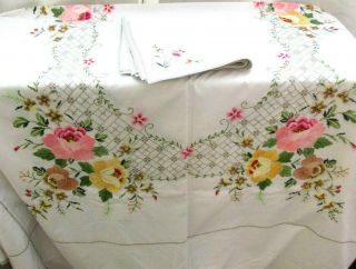 Vtg Handmade Embroider Applique Pink Ylw Rose Tablecloth 2/11 Napkins 66 " Wx 84 " L