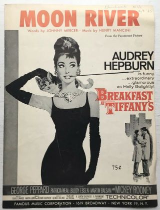 Vintage 1961 Moon River Sheet Music Audrey Hepburn Breakfast At Tiffany 