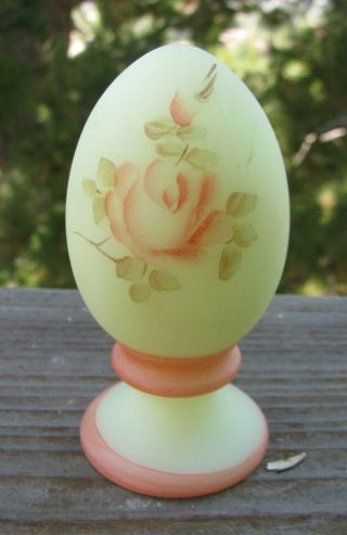Vintage Fenton Hand Painted Vaseline Glass Egg Signed Signed