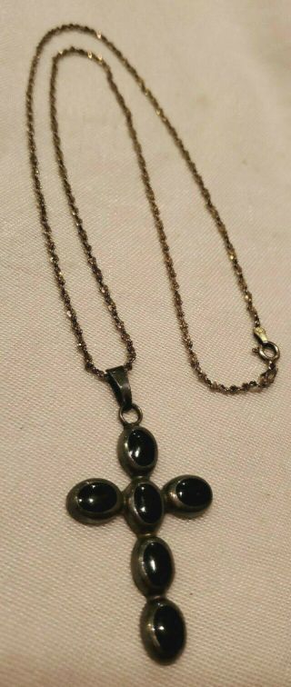 Sterling Silver Black Onyx Cross Pendant Necklace Chain 22 " Vintage