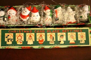 Vtg 50s Place Card Holders 8 Piece Set Christmas Figures Japan Midcenury