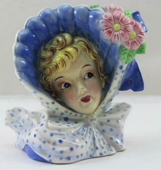 Vintage Lady Head Vase Planter Large Blue Bonnet And Bow Japan