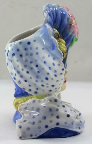 Vintage Lady Head Vase Planter Large Blue Bonnet and Bow Japan 2