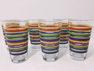 Vtg 60s Set Of 6 Mid Century Modern Rainbow Stripe 12 Oz Heavy Drinking Glasses