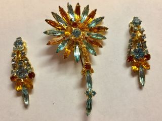 Vintage Glass Rhinestone Brooch And Earring Set Blue & Yellow