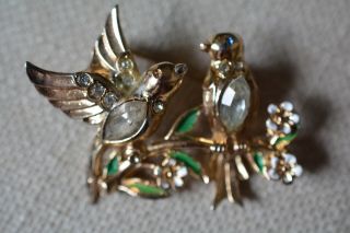 Vintage Coro Des Pend Gold Tone Duette Birds Jelly Belly Enamel Floral Brooch