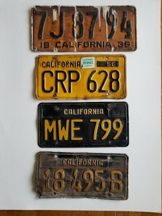 Vintage California License Plates 4 Singles 1930s,  1940s,  1950s