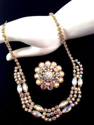 Vtg Crystal Aurora Borealis Rhinestone Drop Necklace Tiered Brooch Set