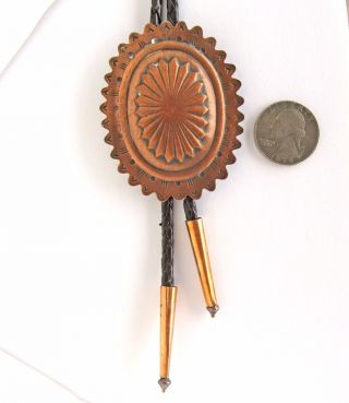Vintage Copper Concho Bolo Tie,  36 " Long With Braided Leather Lanyard