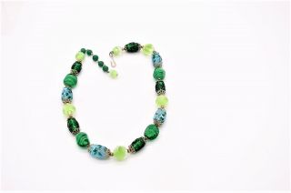 Pretty Vtg Coro Single Strand Necklace W/green & Blue Art Glass Beads