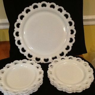 Vintage Anchor Hocking (7 Piece) Lace Edge White Milk Glass Torte Dessert Plates