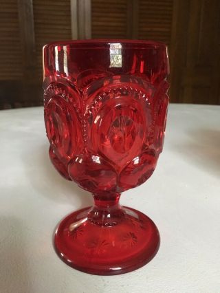 Vintage L E Smith Moon Stars Ruby Red Glass Water Goblet Glass 5 7/8”