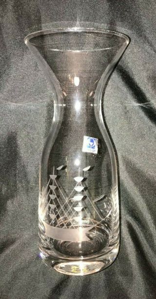 Vintage Hand Cut Glass Carafe With Etched Sailing Ship 7.  75 " Tall