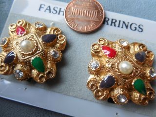 Vintage Nos High End Quality Ornate Jeweled Matte Gt Etruscan Clip Earrings D1